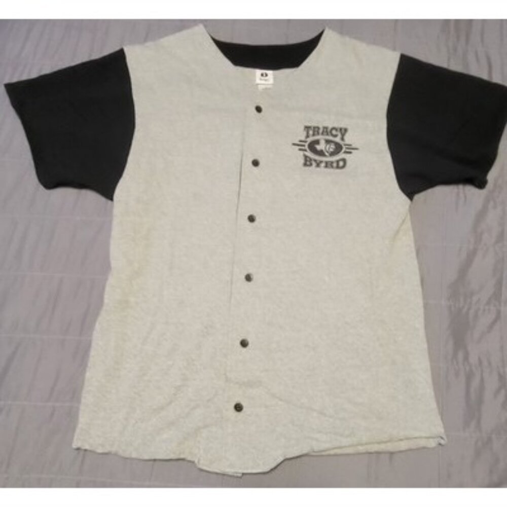 Tracy Byrd Shirt Mens Medium Gray Black Button Up Baseball Jersey Country 2003